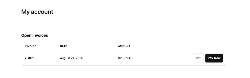 The Open Invoices widget on a classic account page, with PDF and Pay Now buttons