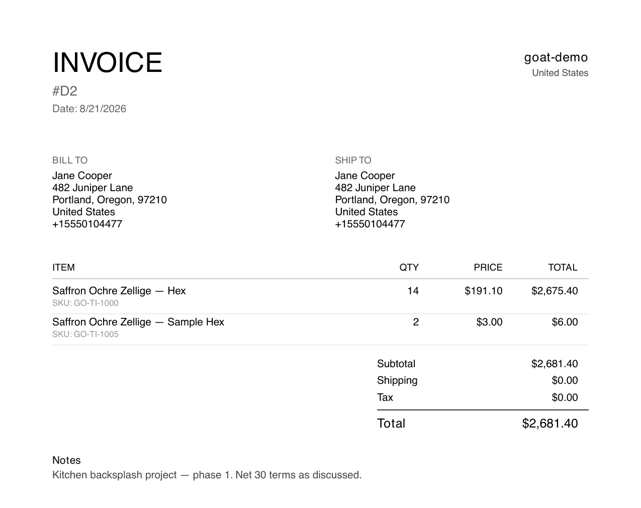 A generated invoice PDF with line items, totals, and the order note