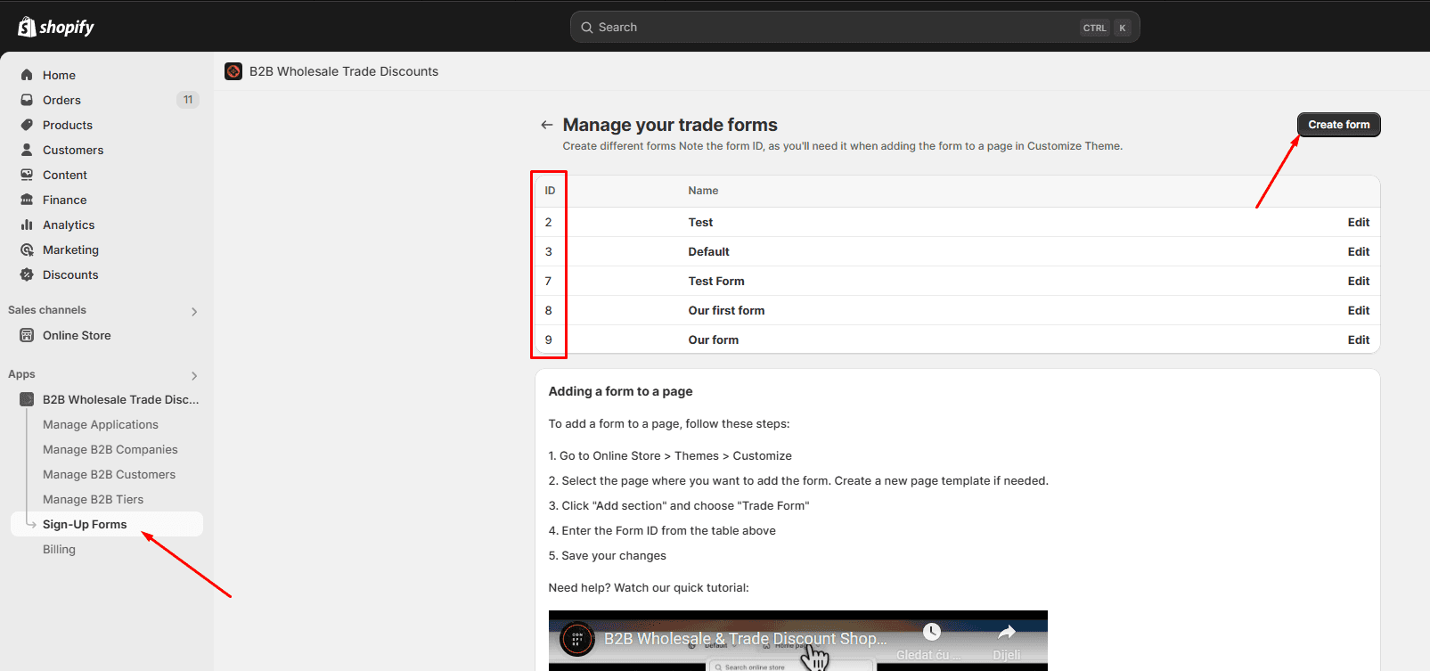 Trade form list showing the form ID