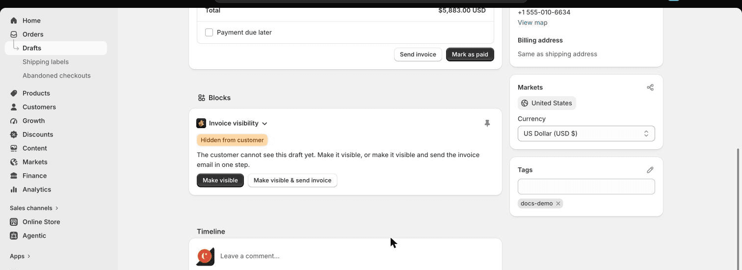 The Invoice visibility block on a draft order that is hidden from the customer, with Make visible and Make visible & send invoice buttons