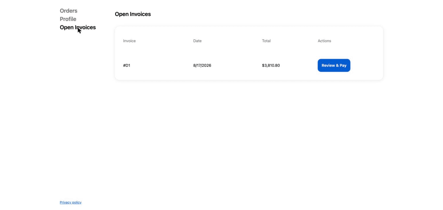 The Open Invoices page inside Shopify customer accounts
