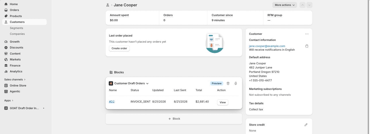 The Customer Draft Orders block on a customer page in the Shopify admin