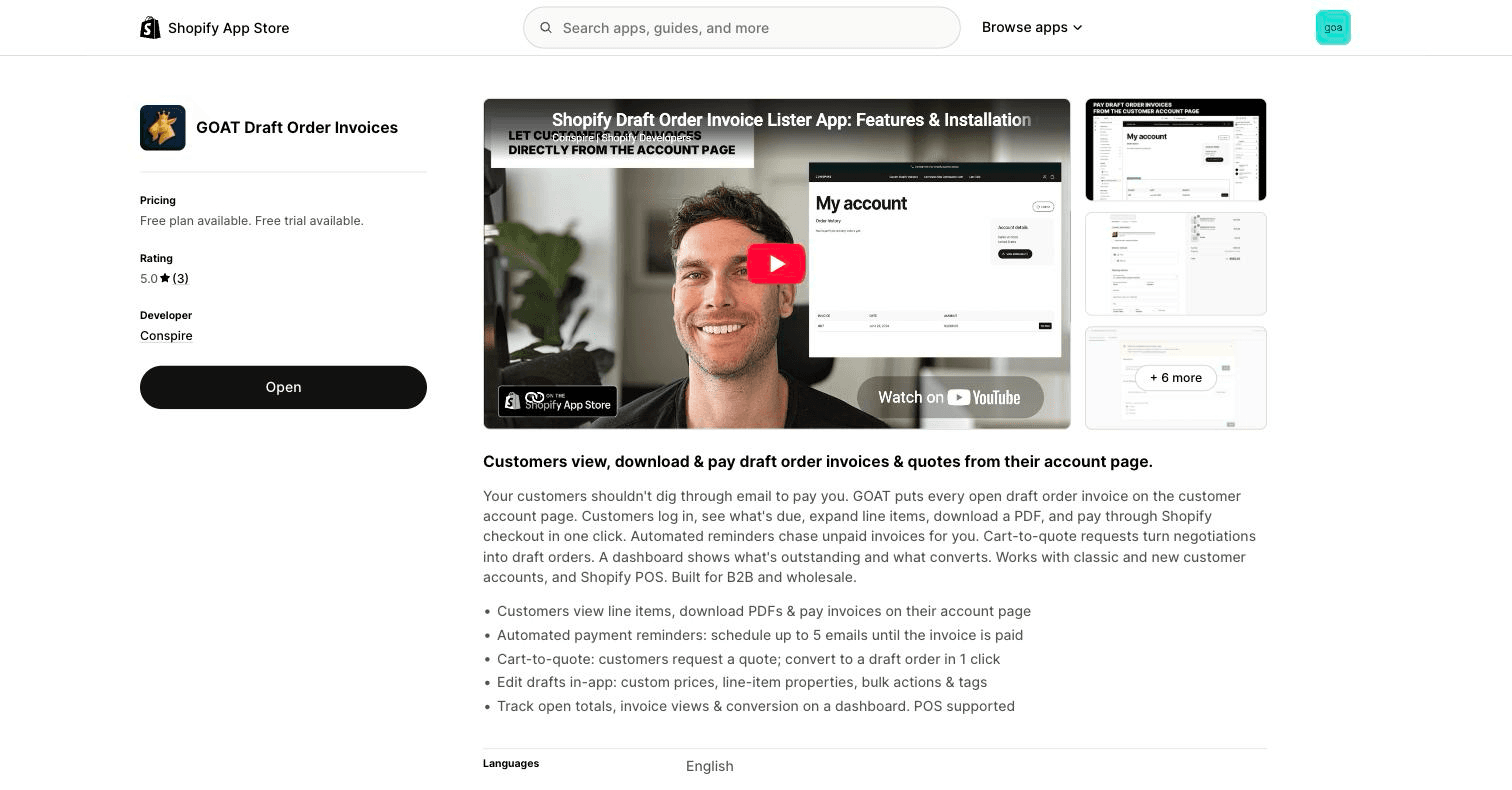 The B2B Draft Order Invoices listing on the Shopify App Store