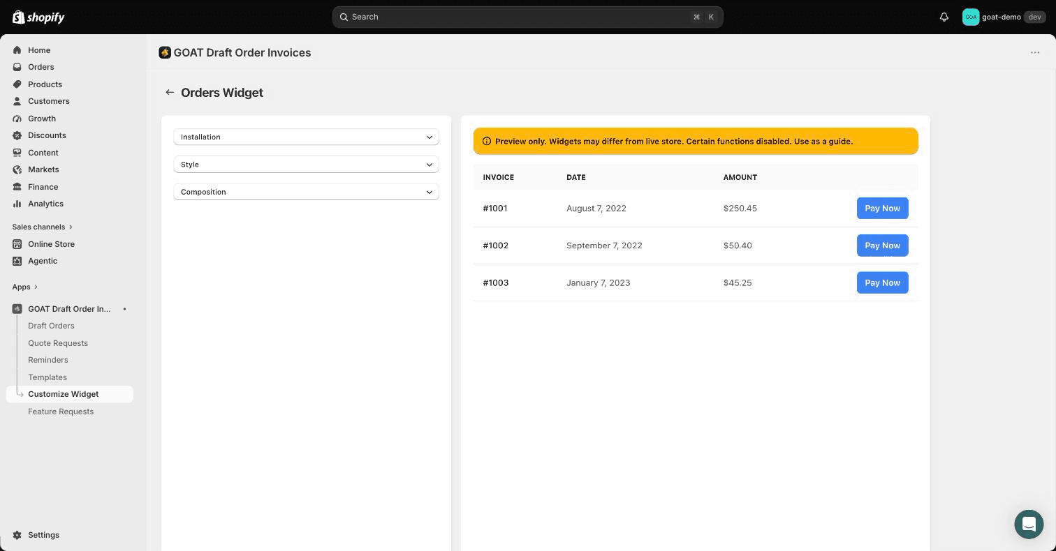 The Orders Widget settings page in the app with a live preview of the invoice table