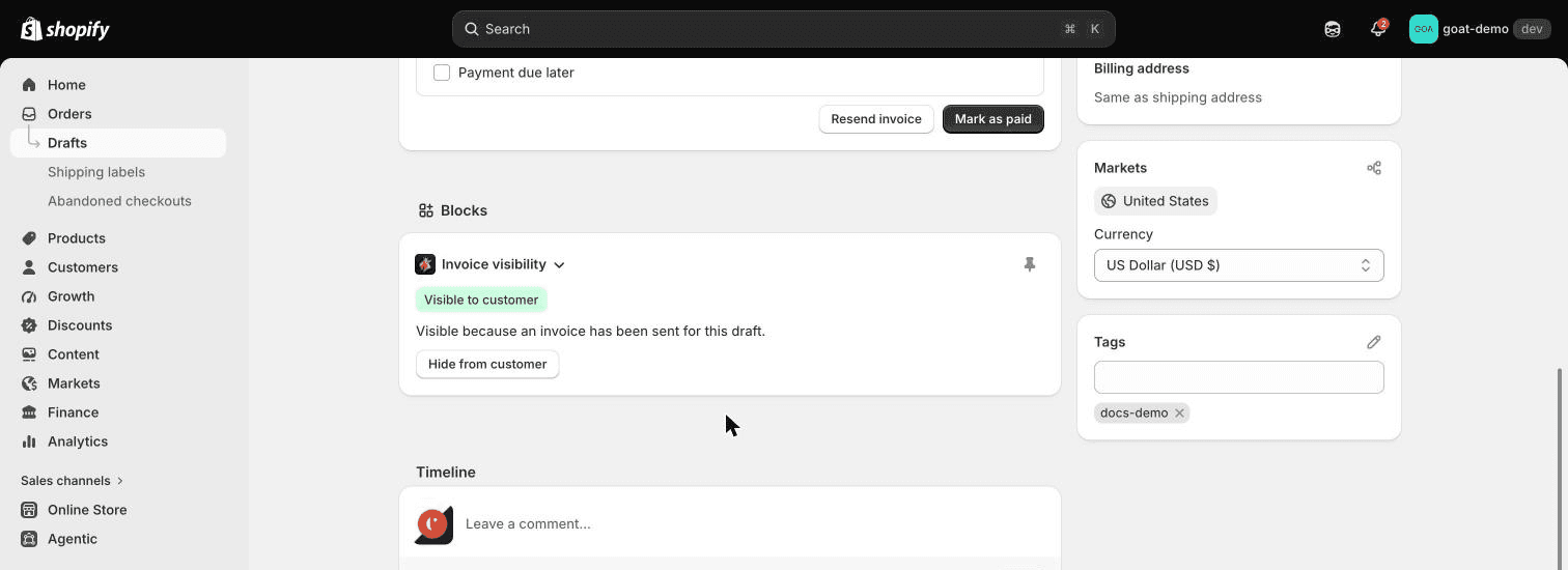 The Invoice visibility block on a visible draft order, with a Hide from customer button