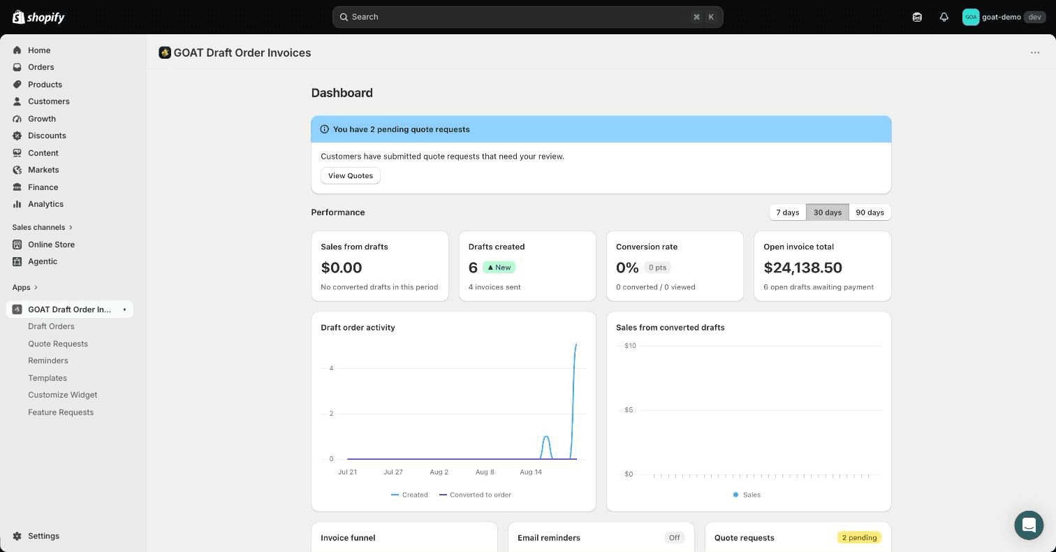 The app dashboard showing open invoices, performance stats, and pending quote requests