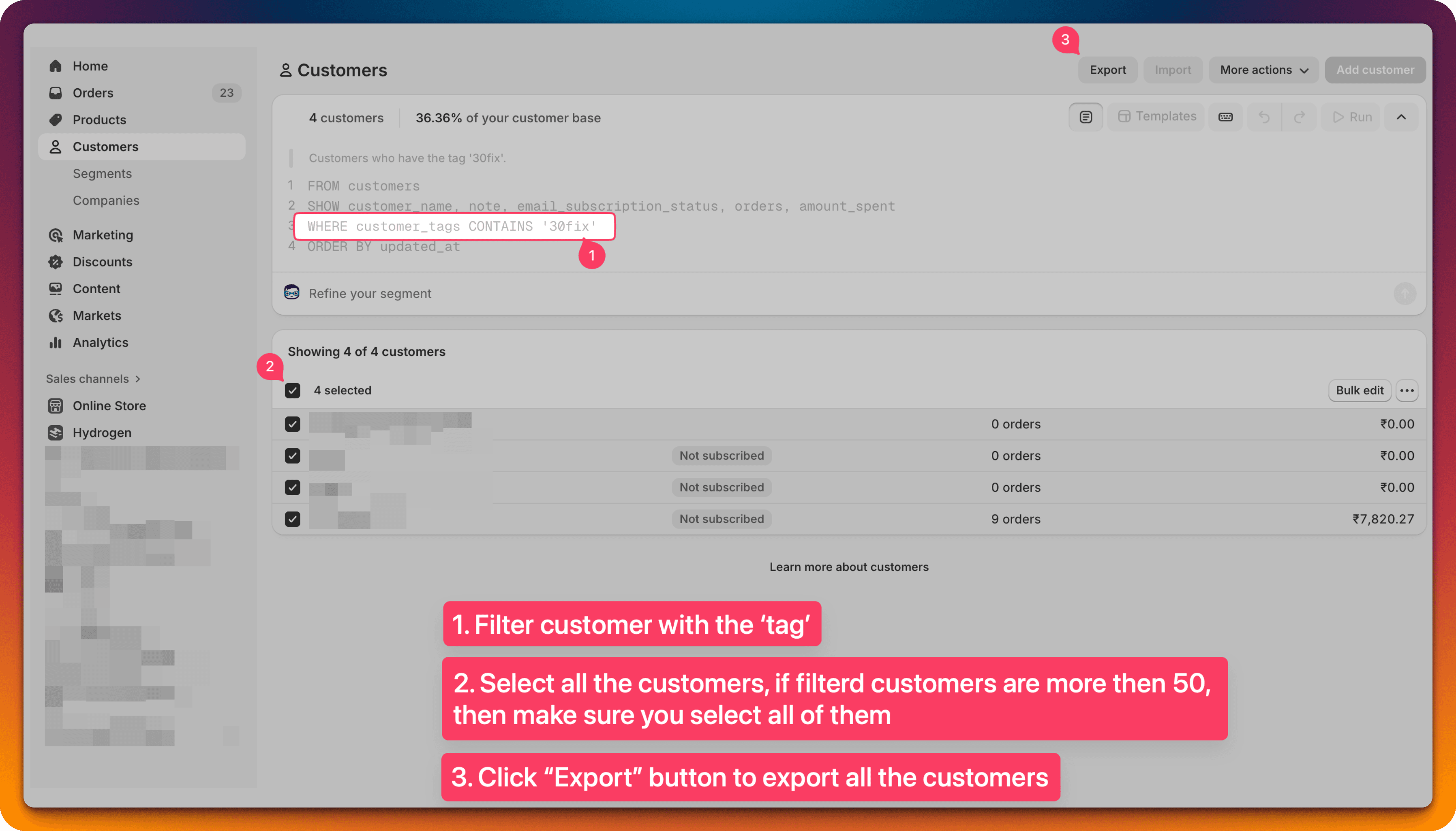 Filtering customers by tag in the Shopify admin and exporting