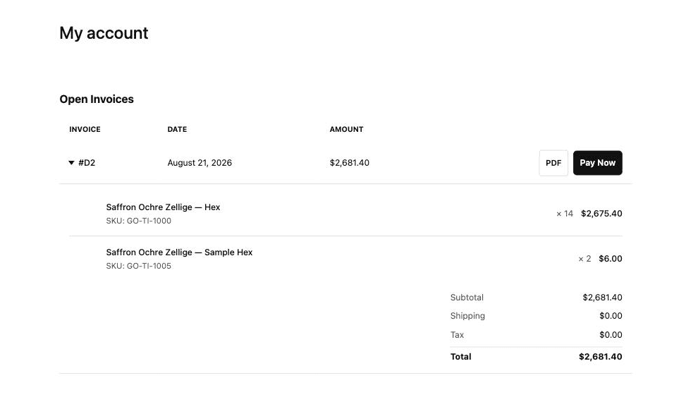 An expanded invoice row showing line items, SKUs, and the totals breakdown