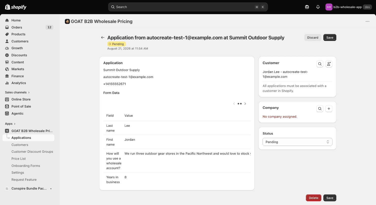 An application that arrived with its Shopify customer already assigned