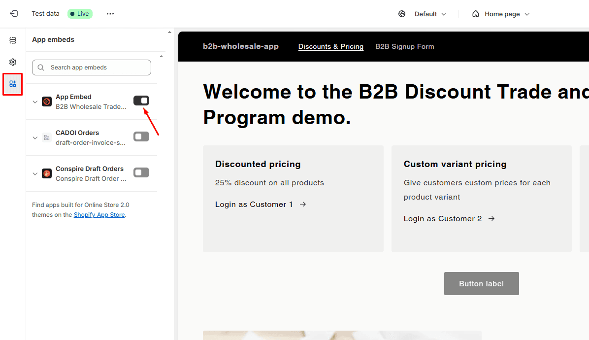 Activating the main app embed in Customize Theme