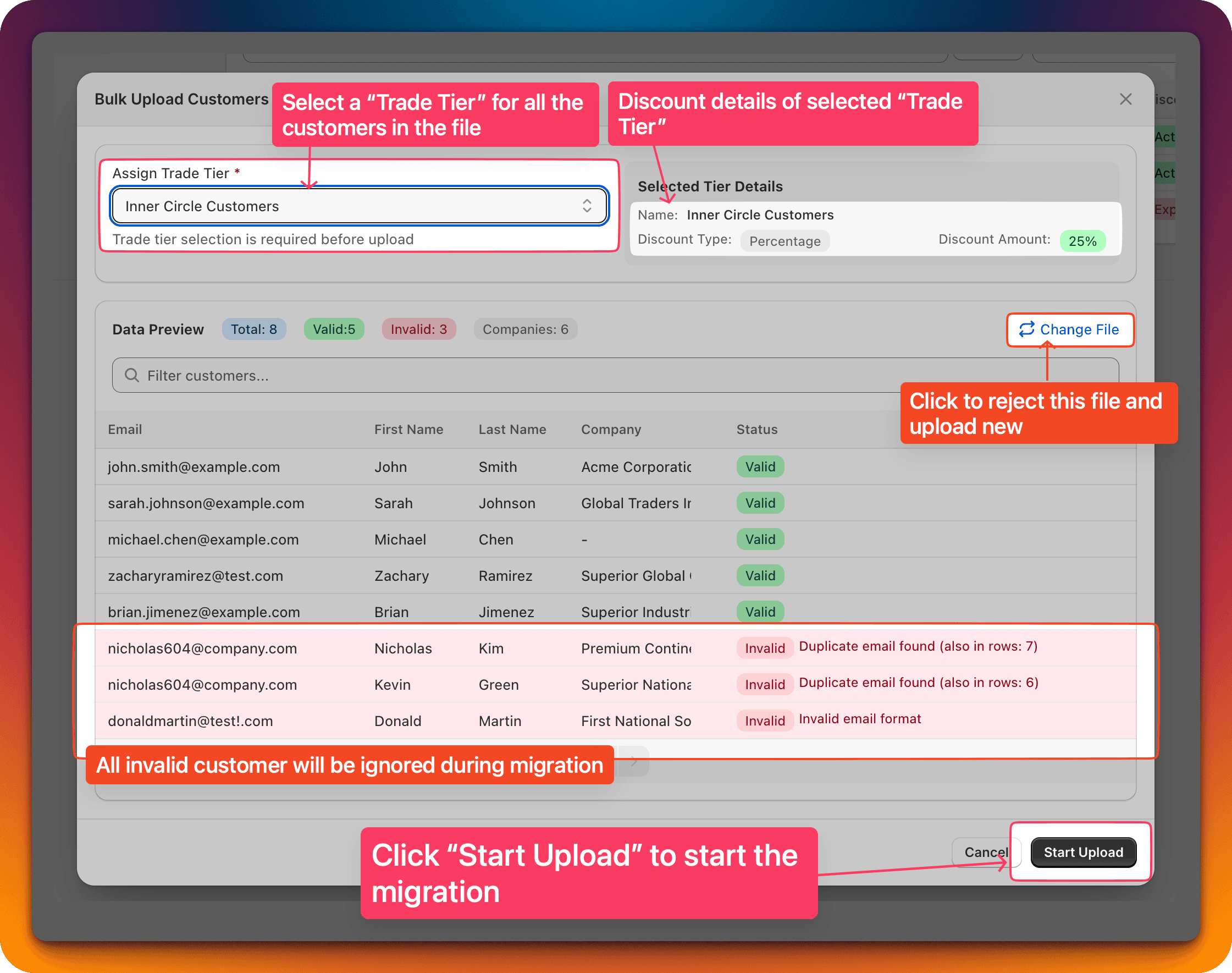 The upload summary page with tier assignment and options