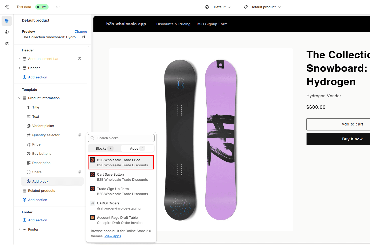 Adding the Trade Price app block to the product page