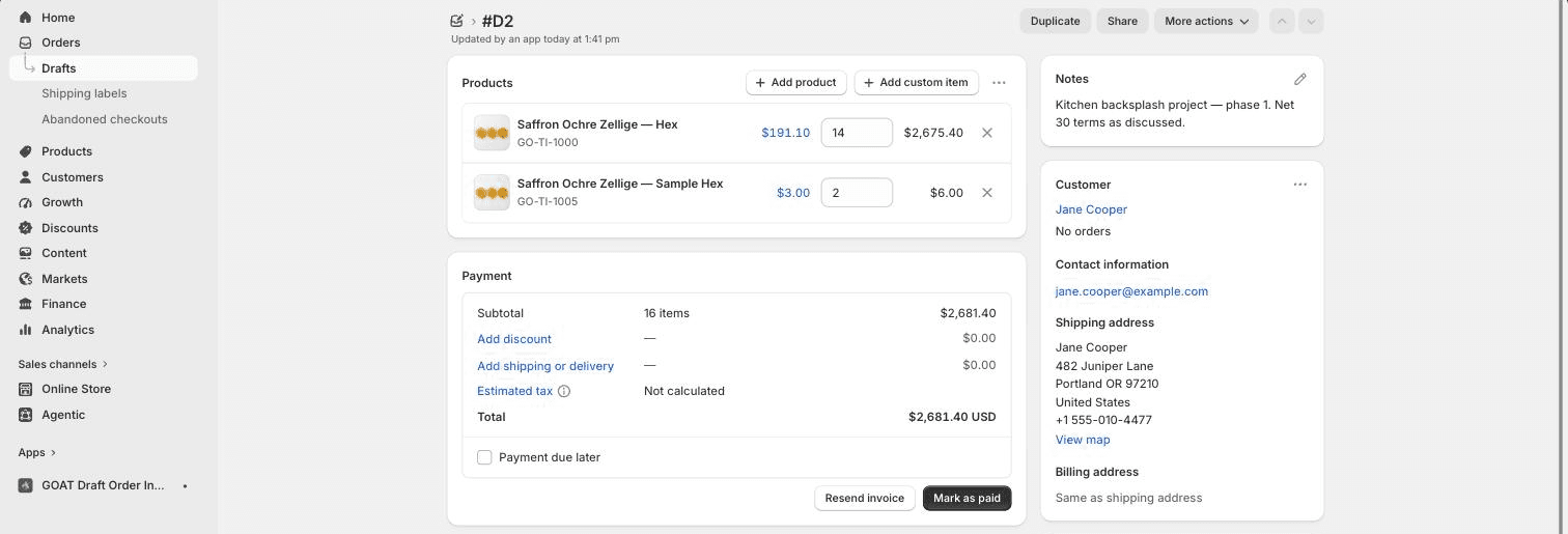 A draft order in the Shopify admin with a customer attached