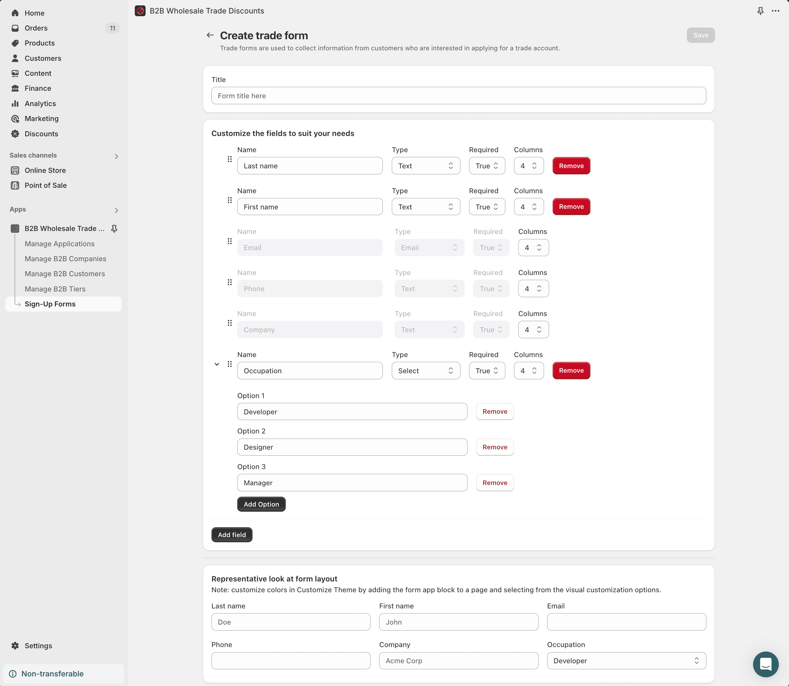 The sign-up form builder in the app admin