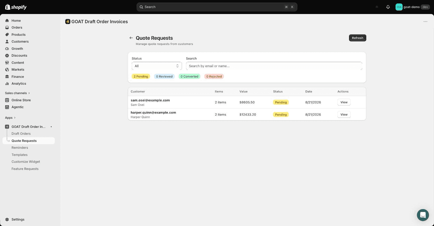 The Quote Requests page listing pending requests with customer, items, and value