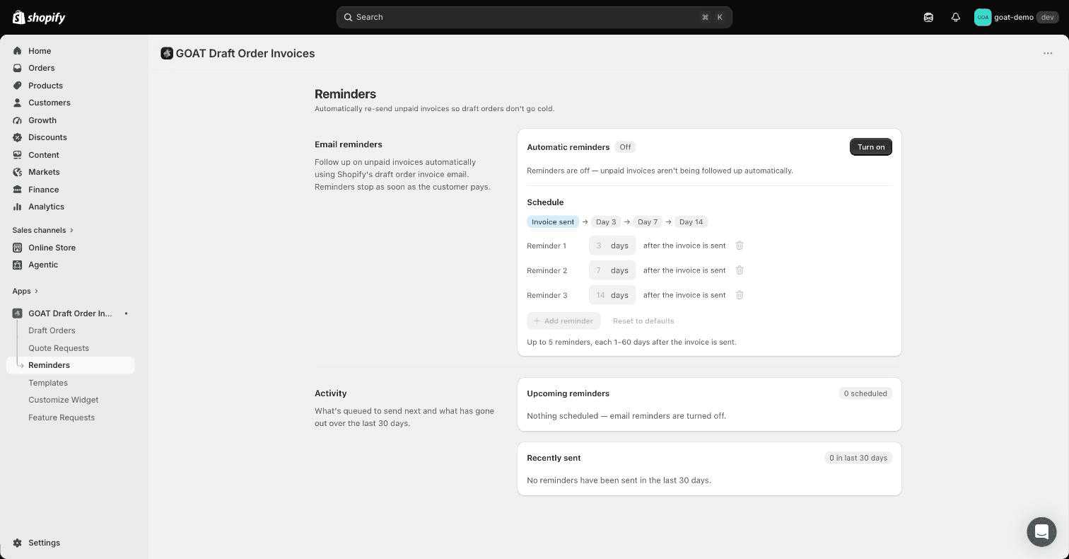 The Reminders page with the schedule editor and activity sections