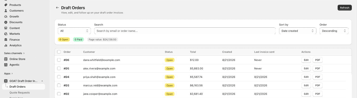 The Draft Orders list inside the app showing open drafts with totals and invoice status