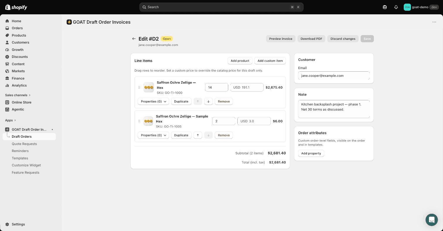 Editing a draft order inside the app: line items, customer, and note